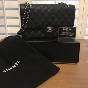 Chanel Classic BLK Caviar MED DBL Flap Bag W/ SHW